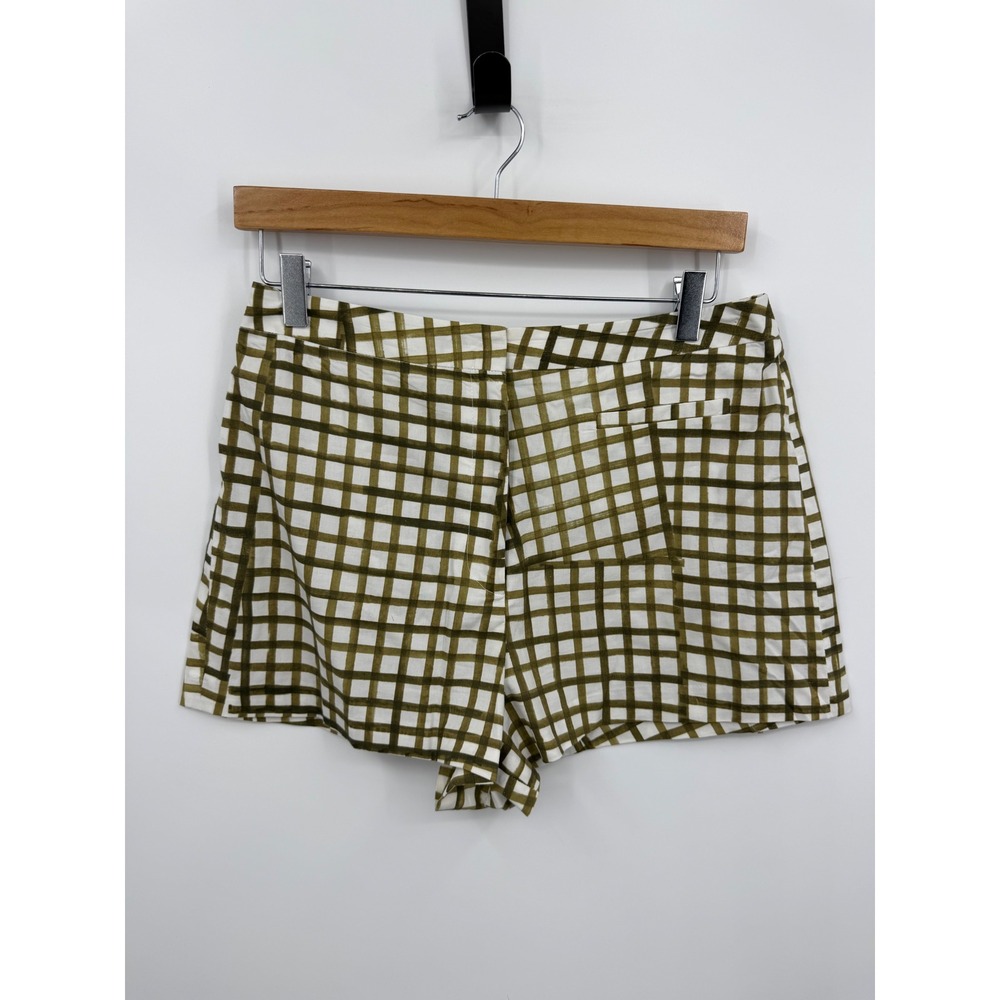 Milly Grid Print High Waisted Shorts Womens 6 Olive Green White Geometric Cotton